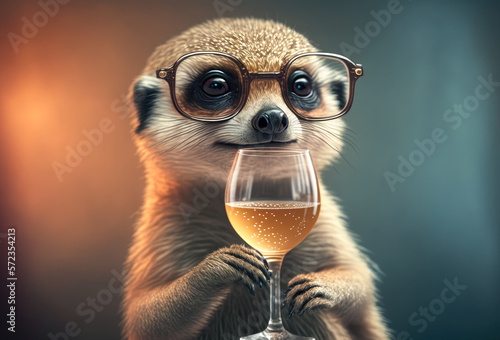 A Portrait of a cute meerkat in glasses holding a glass of champagne. Created with Generative AI. photo