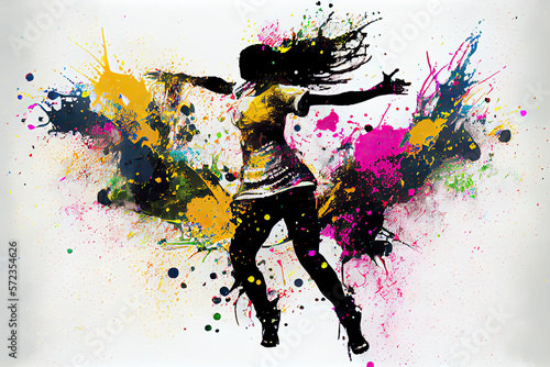 The dancing girl with colorful spots and splashes on a light bac