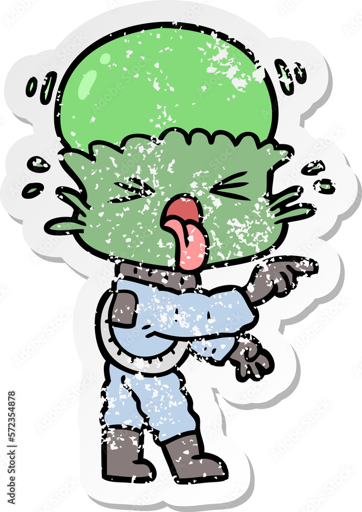 distressed sticker of a weird cartoon alien pointing distressed sticker of a weird cartoon alien pointing