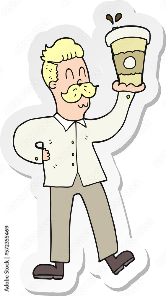 sticker of a cartoon man with coffee cups sticker of a cartoon man with coffee cups