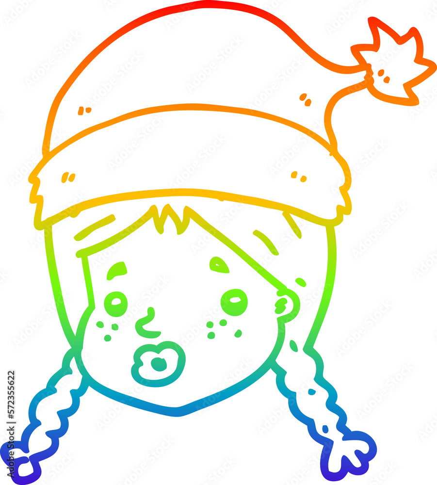 rainbow gradient line drawing cartoon girl wearing christmas hat
