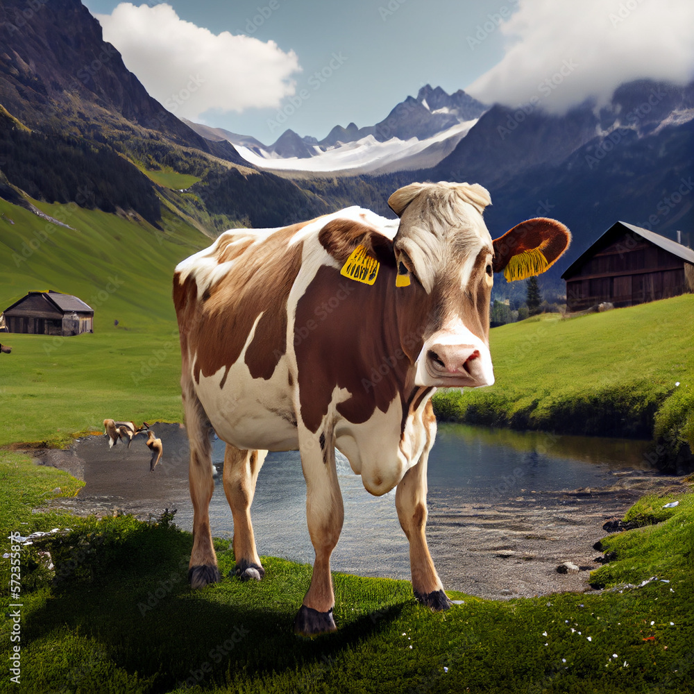 AI-generated illustration of a cow in an alpine landscape