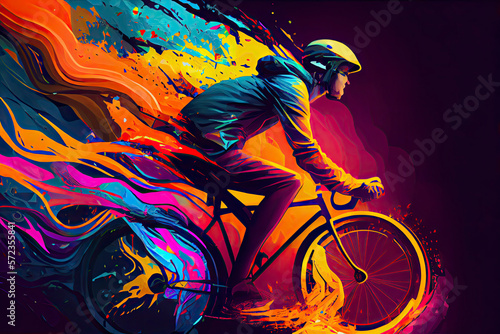 young man riding a bicycle with a colorful energy  digital art style