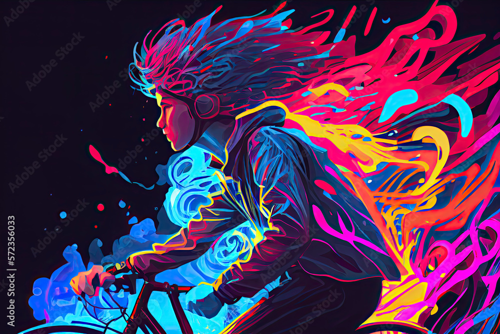 Obraz premium young man riding a bicycle with a colorful energy, digital art style