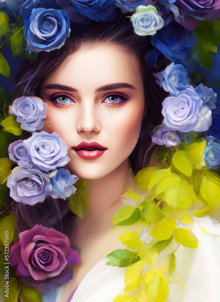 Portrait of a beautiful woman. Illustration of a beautiful girl. Beautiful woman painting. with flowers