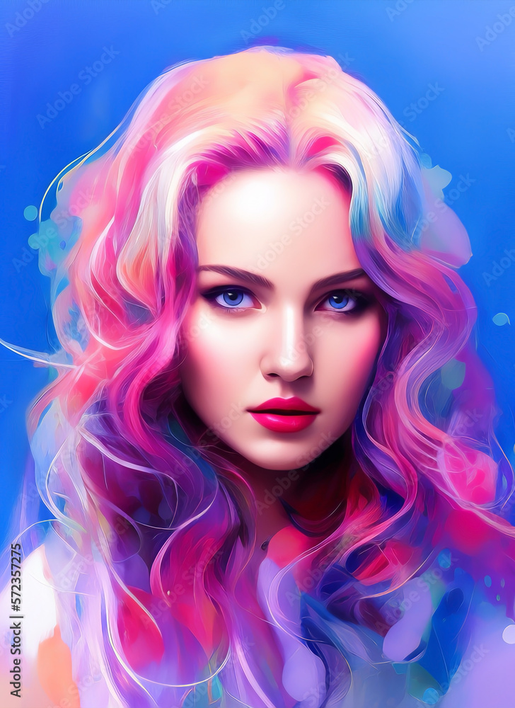 Portrait of a beautiful woman, Digital painting of a beautiful girl, Digital illustration of a female face. colorful hair