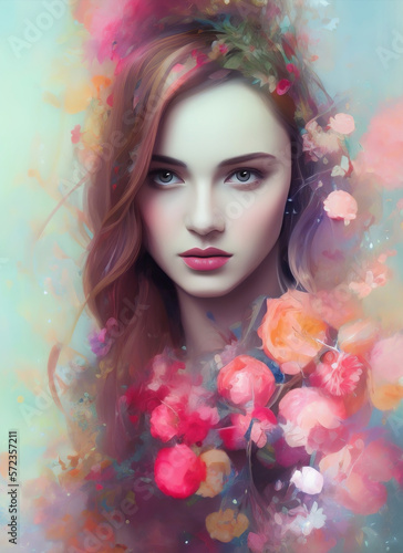 Portrait of a beautiful woman  Digital painting of a beautiful girl  Digital illustration of a female face. with flowers