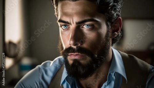 Generative AI illustration of a beatiful latin man with beard and blue eyes at indoors room like a office