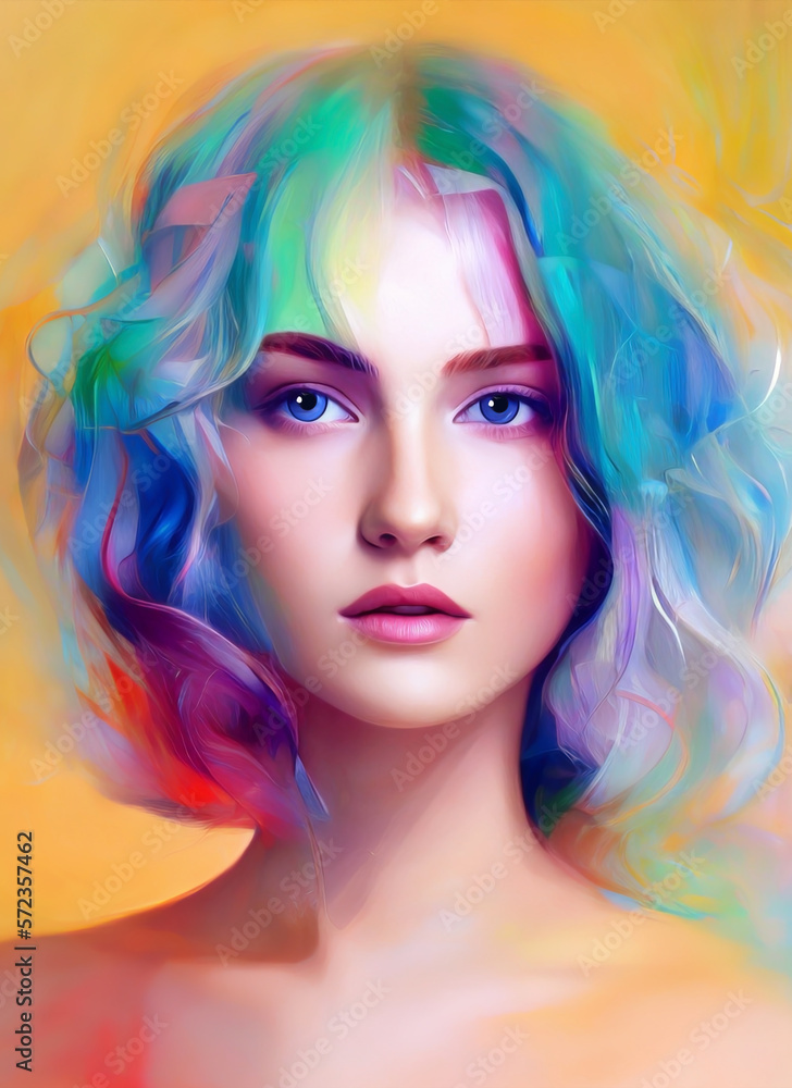 Painting of the face of a beautiful woman, Portrait of a beautiful woman. colorful hair