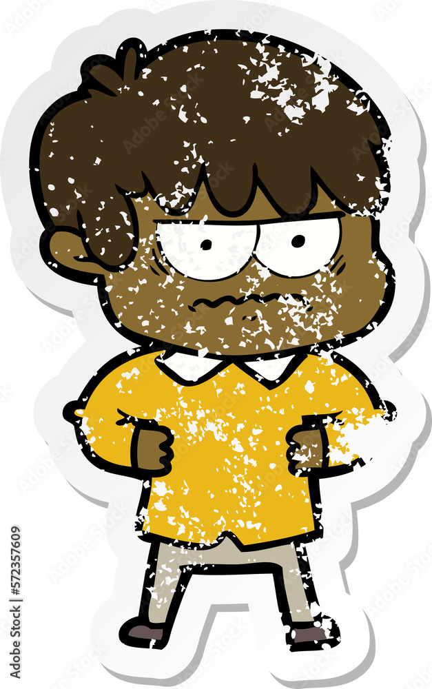 distressed sticker of a annoyed cartoon boy distressed sticker of a annoyed cartoon boy