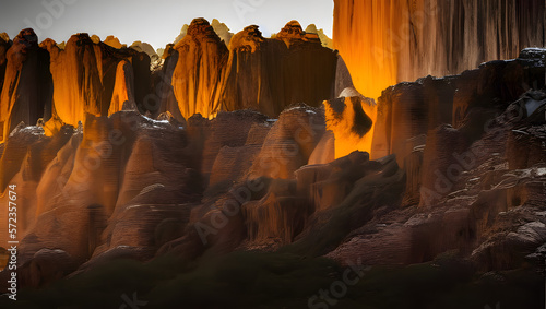 A dramatic and imposing rock formation or canyon, with sharp details and perfect lighting to highlight its natural beauty with Generative AI
