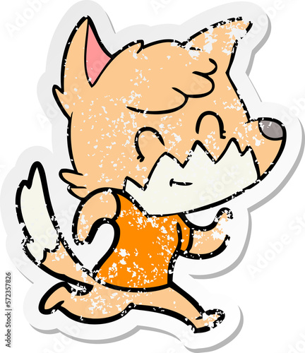 distressed sticker of a cartoon happy fox