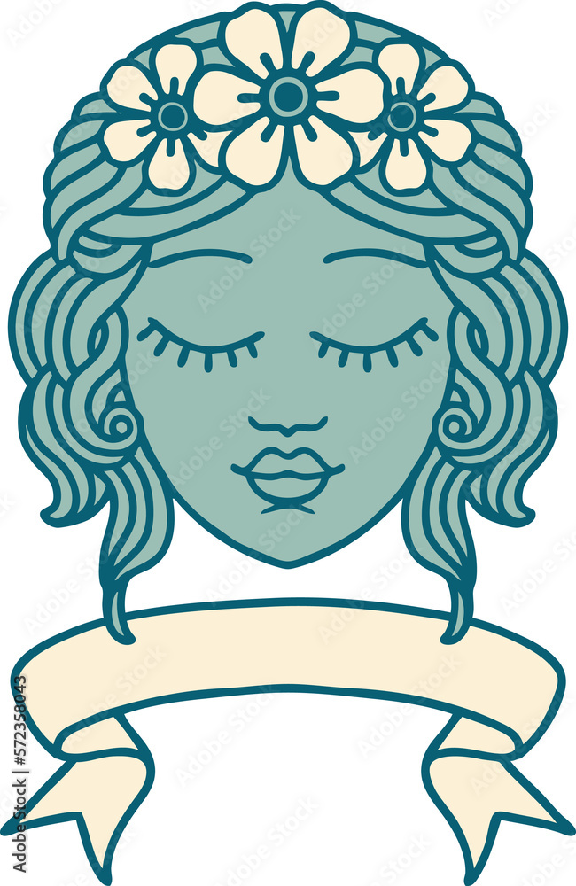 tattoo with banner of female face with eyes closed tattoo with banner of female face with eyes closed