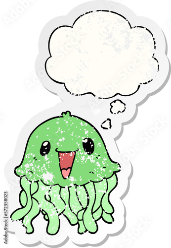 cartoon jellyfish and thought bubble as a distressed worn sticker