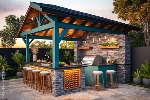 Fototapeta An outdoor entertainment area with a built-in barbecue and a bar setup - Generat