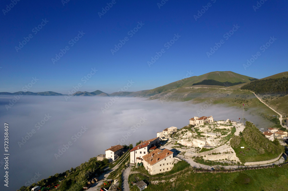 Aerial view of the town of Castelluccio di Norcia devastated by earthquake