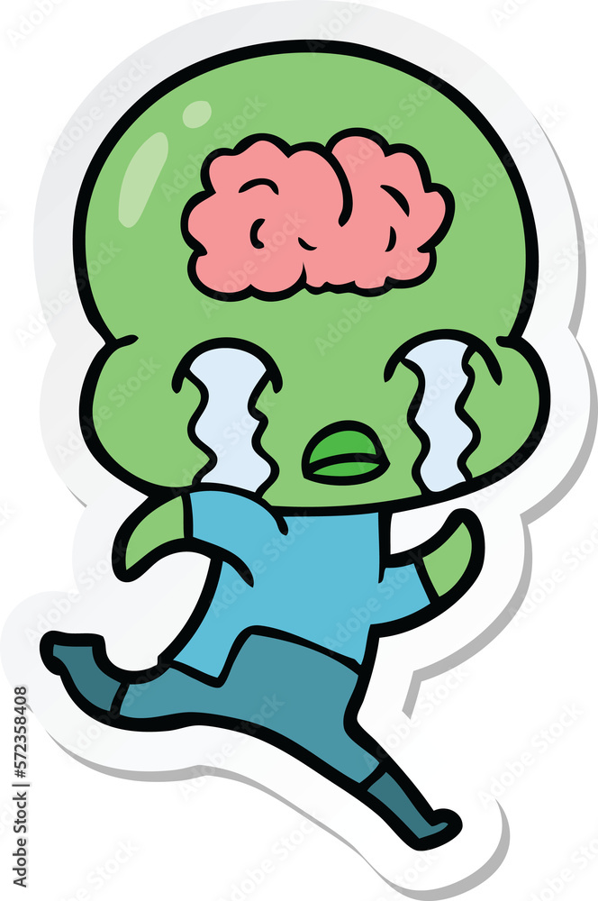 sticker of a cartoon big brain alien crying