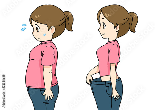 ダイエットに成功してズボンに隙間ができた元ぽっちゃり女性の漫画イラスト