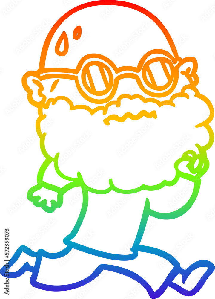rainbow gradient line drawing cartoon running man with beard and sunglasses sweating rainbow gradient line drawing cartoon running man with beard and sunglasses sweating
