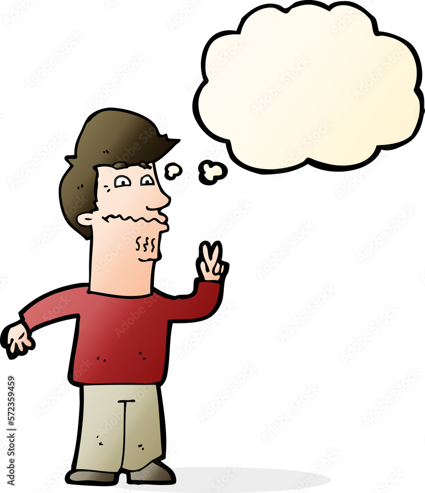 cartoon man giving peace sign with thought bubble cartoon man giving peace sign with thought bubble