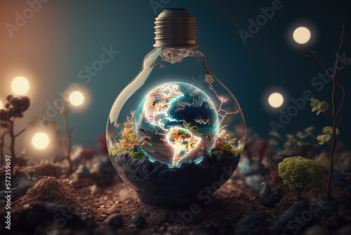 Light bulb and earth, ecology image, Generative AI