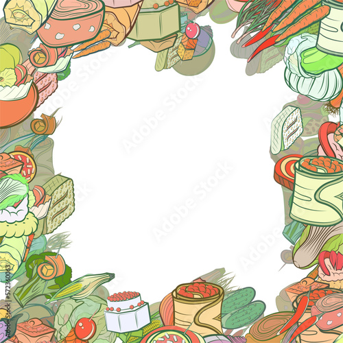 Background pattern abstract design texture. Snacks and Health food. Border frame, transparent background. Theme is about sandwich, pancake, corn, rice, tartlet, vitamin C, nutritious, vegetables