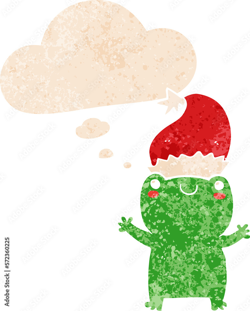 cute christmas frog and thought bubble in retro textured style