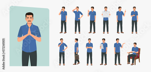 Indian Man Wearing Shirt and Pant, Character set Different poses and emotions