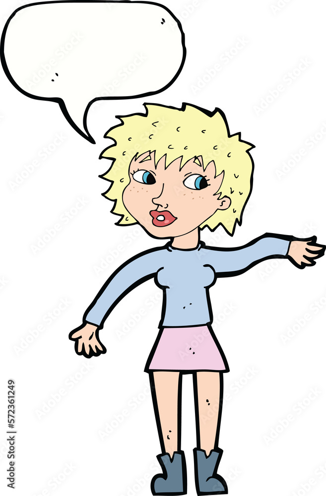 cartoon friendly woman waving with speech bubble cartoon friendly woman waving with speech bubble