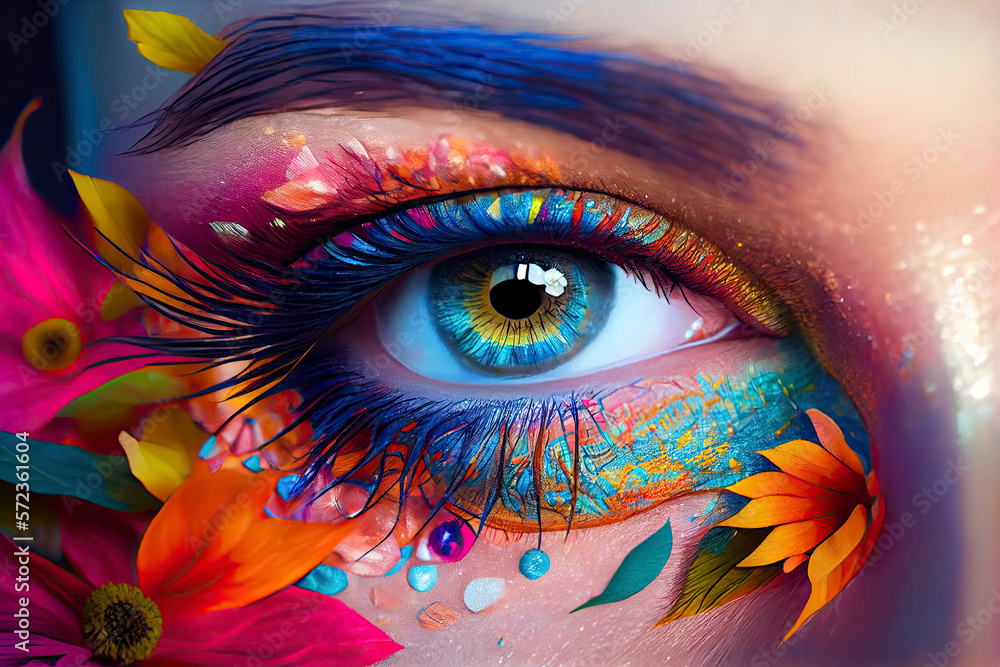Colorful eye makeup, delicate makeup, long and thick eyelashes made of petals