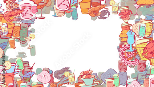 Background pattern abstract design texture. Drinks and Seafood. Border frame, transparent background. Theme is about cherries, cola, ice cream, wineglass, thread, lemon, kvass, octopus