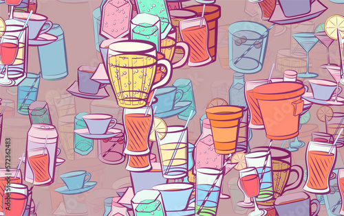 Background pattern abstract design texture. Seamless. Drinks. Theme is about citrus, cherries, beer, hot drink, stand, aluminum, wineglass, drinking tube, kvass, cardboard, ice cream, soda