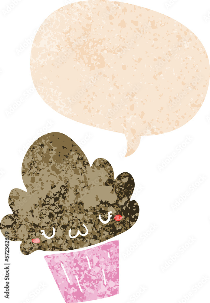 cartoon cupcake with face and speech bubble in retro textured style cartoon cupcake with face and speech bubble in retro textured style