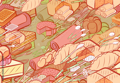 Background pattern abstract design texture. Seamless. Cutlery and Bakery products. Theme is about spoon, sennit, common, spatula, grater, cut, baklava, lush, a sandwich, bread, dissected