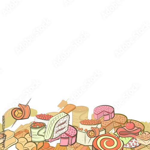 Background pattern abstract design texture. Snacks and Bakery products. Horizontal seamless stripe. Border frame, transparent background. Theme is about waffles, covered, borscht, common