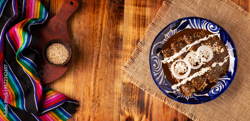 Chicken enmoladas. Also known as mole poblano enchiladas, they are a typical Mexican dish that is very popular in Mexico and the rest of the world. photo