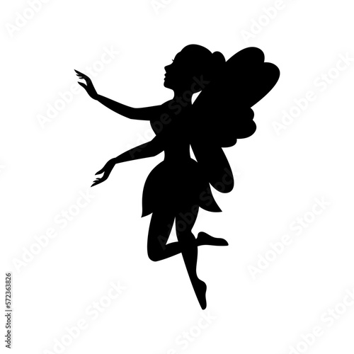 Little magical fairy. Mythical tale character logo. Silhouette of little creature with wings. Magical fairy in dress
