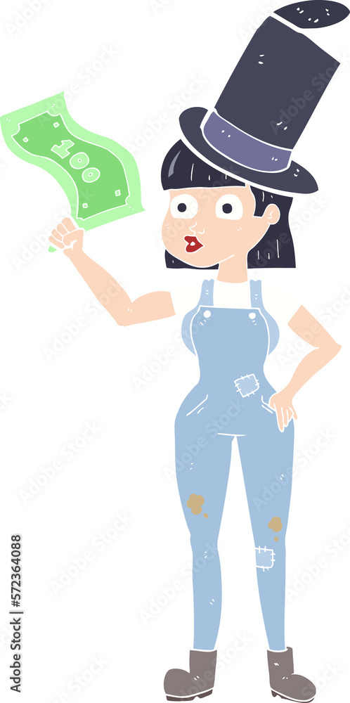 flat color illustration of a cartoon woman holding on to money flat color illustration of a cartoon woman holding on to money