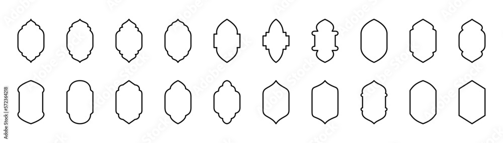 Set of arabic line windows. Arabic windows outline arches different shapes for mosque, muslim architecture illustration. Islamic windows and arches Set of arabic line windows. Arabic windows outline arches different shapes for mosque, muslim architecture illustration. Islamic windows and arches