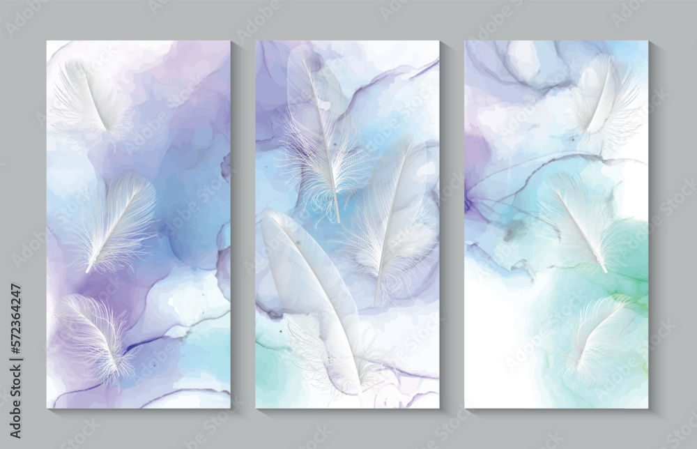 Set of modern creative illustrations with feathers. Modern creative design alcohol ink texture for home decor, banners, and prints. Vector illustration