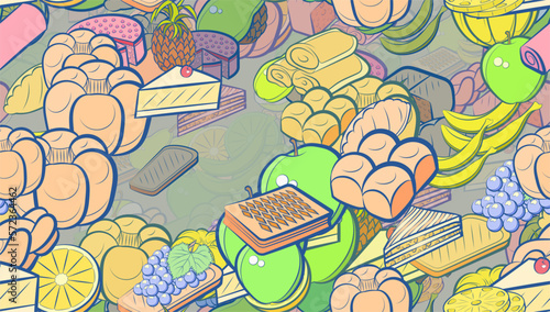 Background pattern abstract design texture. Seamless. Bakery products and Fruits. Theme is about lush, whole, mini buns, dissected, lobules, spicy, berries, fried, bunch, bakery, pear, waffles