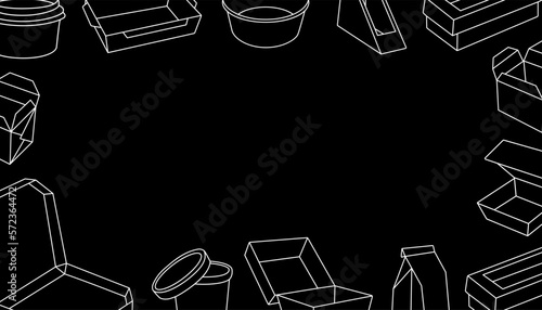 Takeaway cardboard boxes horizontal outline banner. Empty cardboard boxes for takeaway food banner. Paper take away containers
