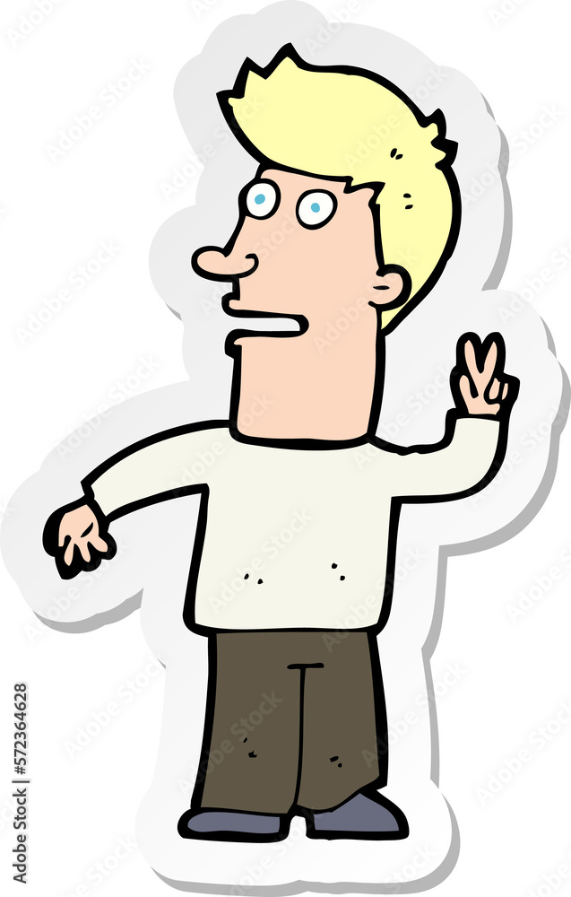 sticker of a cartoon man making peace sign