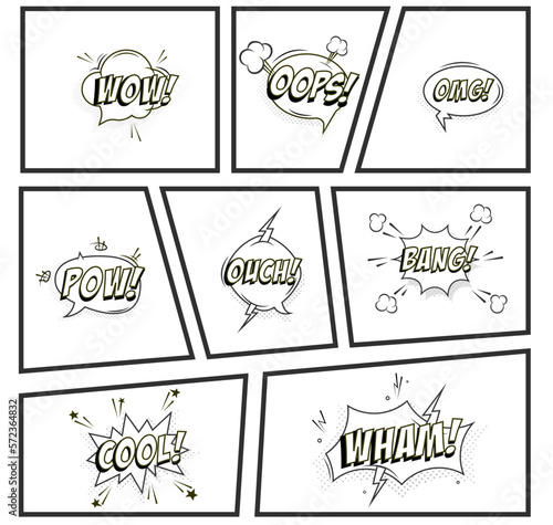 Comic speech bubble. Cartoon comic book text clouds. Comic pop art book pow, oops, wow, boom exclamation signs vector comics words set