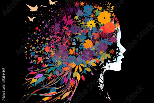 Mental health  happiness  harmony creative abstract concept. Head silhouette with flowers inside. Mindfulness  positive thinking  self care idea. 