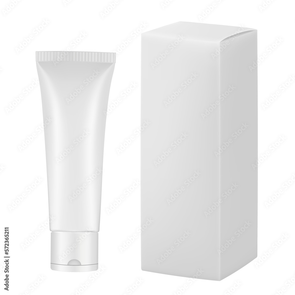 Set of white plastic tube and box. Realistic mockup. Ointment or salve. Gel serum. Korean packaging. Blank cardboard package Set of white plastic tube and box. Realistic mockup. Ointment or salve. Gel serum. Korean packaging. Blank cardboard package
