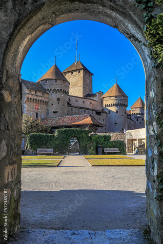 Chillon, Switzerland - February 2023: The medieval Chillon Castle on Lake Geneva Fototapet
