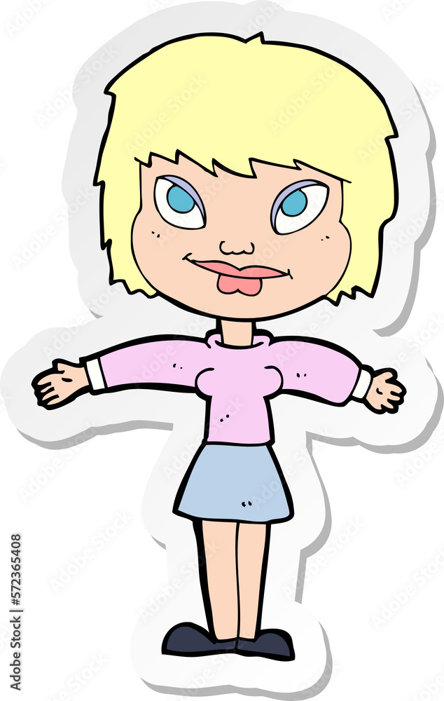 sticker of a cartoon woman with open amrs sticker of a cartoon woman with open amrs