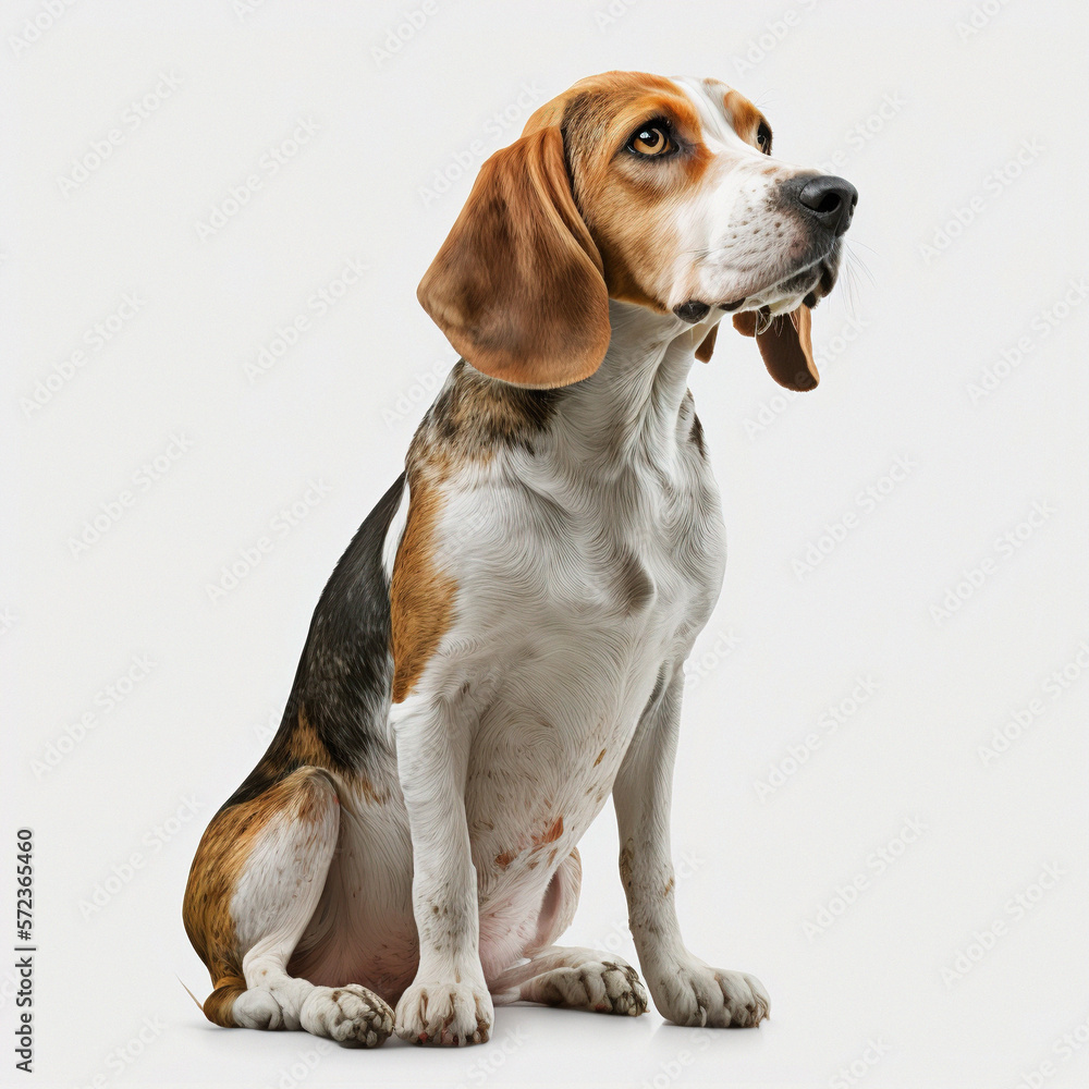 Beagle isolated on white background. Photorealistic shot generated by AI.