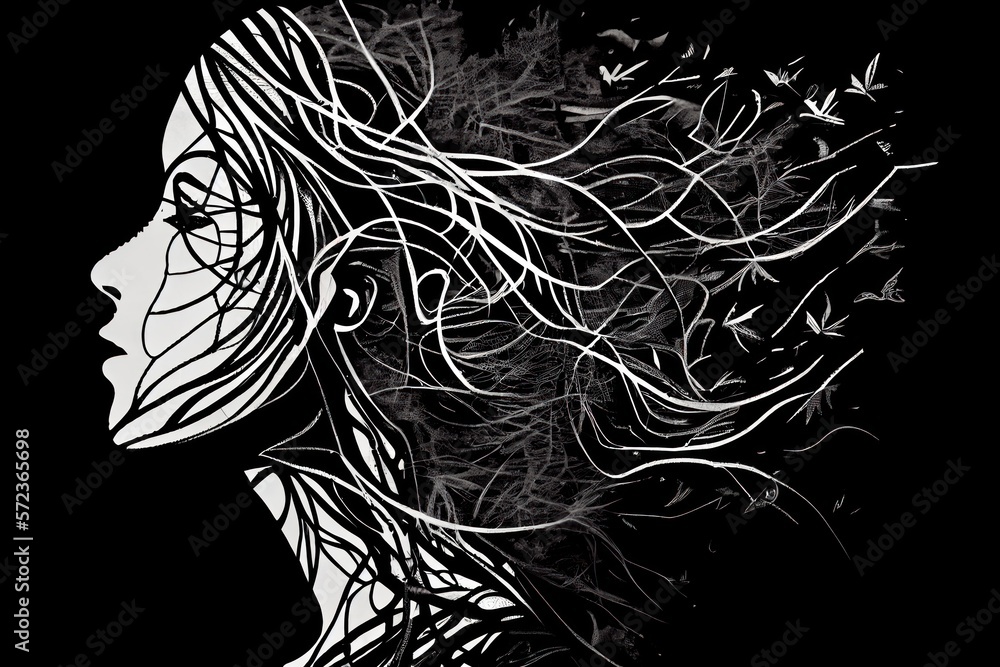 Fototapeta premium Mental health, depression, sadness, loneliness creative abstract concept. Head silhouette with depression illustration idea inside. Mental illness.